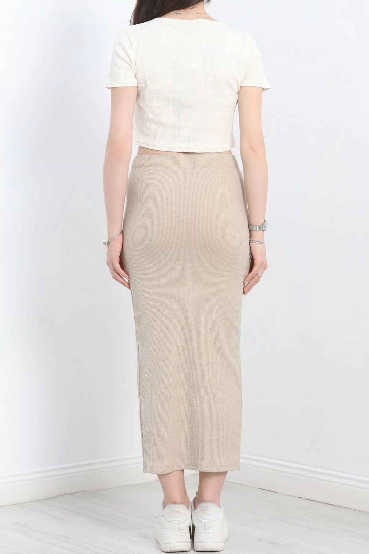 Embroidered Skirt Suit Beige White