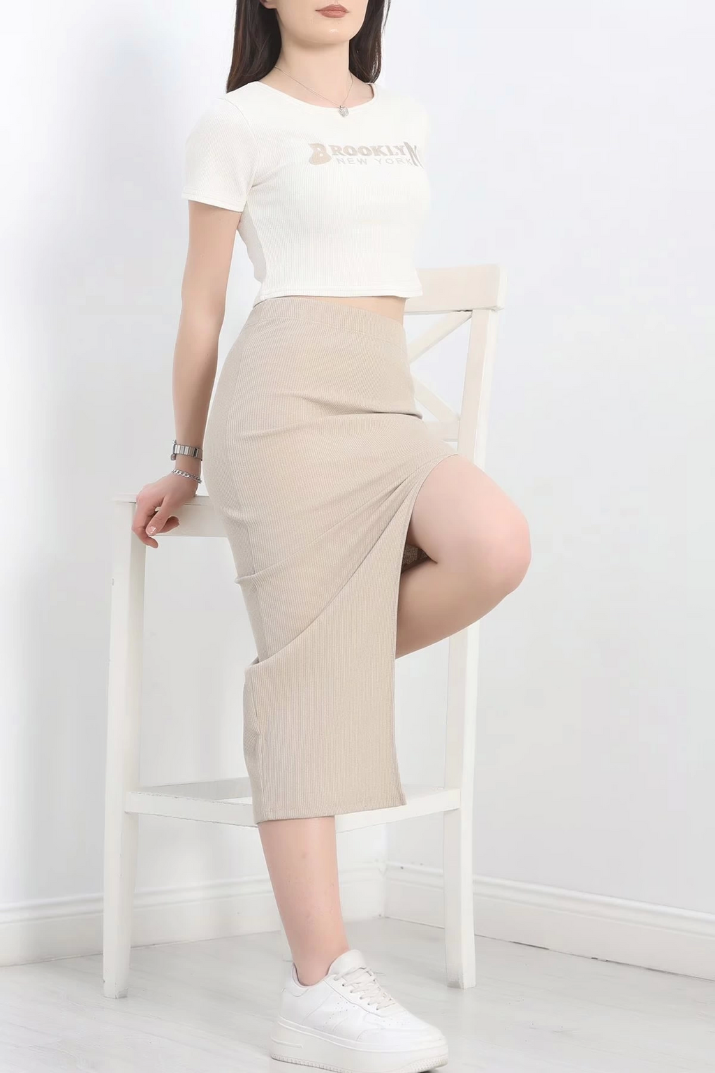 Embroidered Skirt Suit Beige White