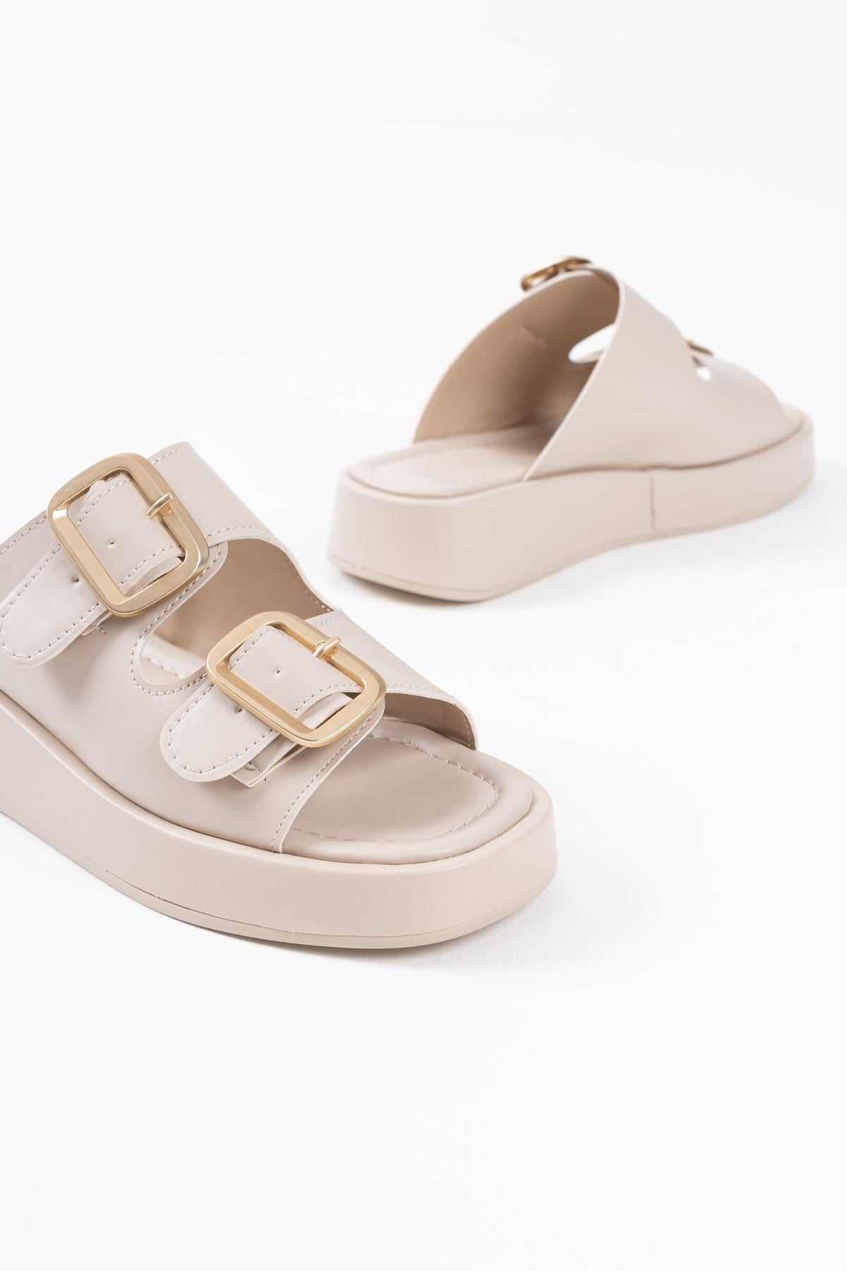 Nare Premium Beige Buckled Slippers