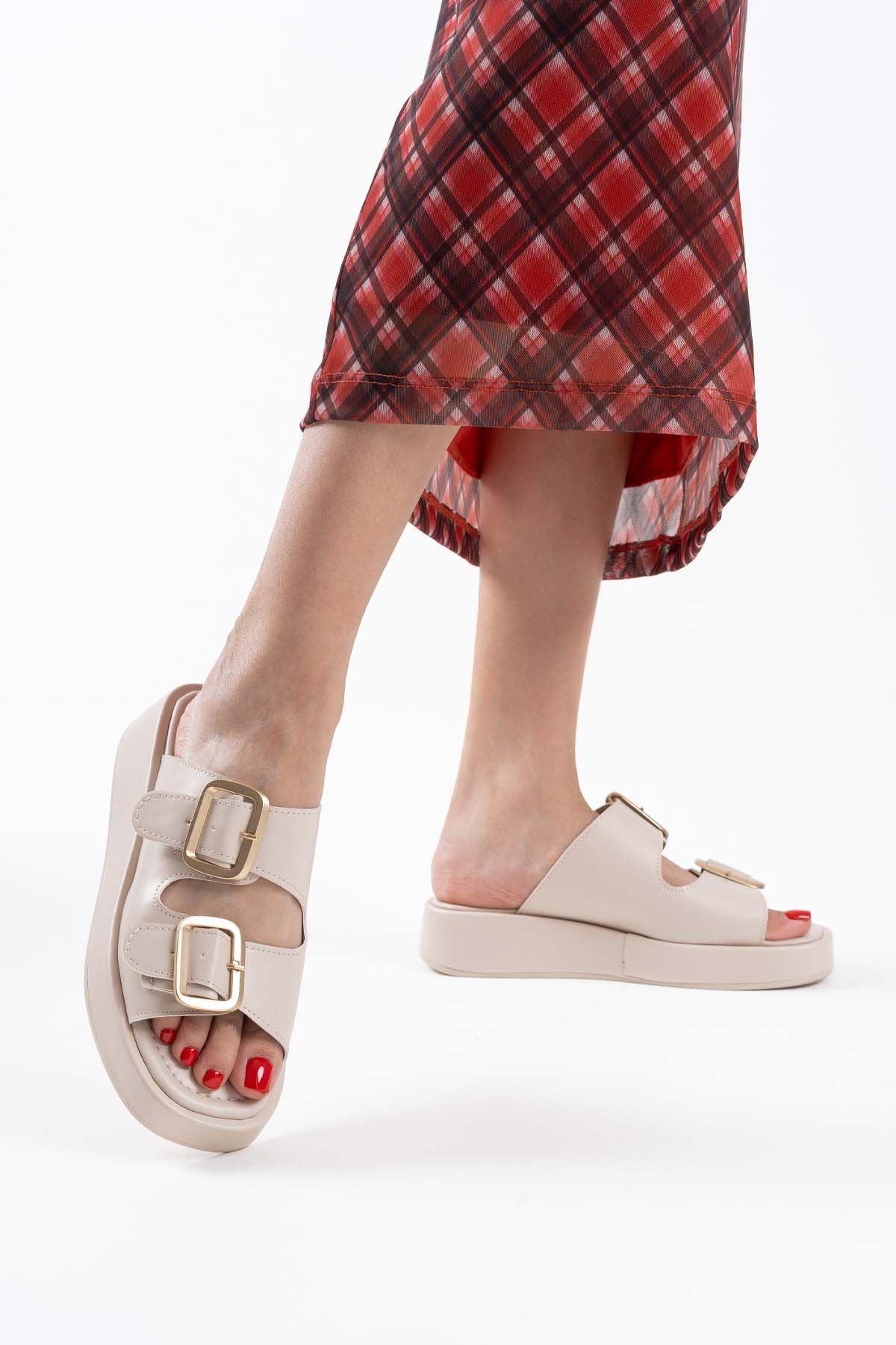 Nare Premium Beige Buckled Slippers