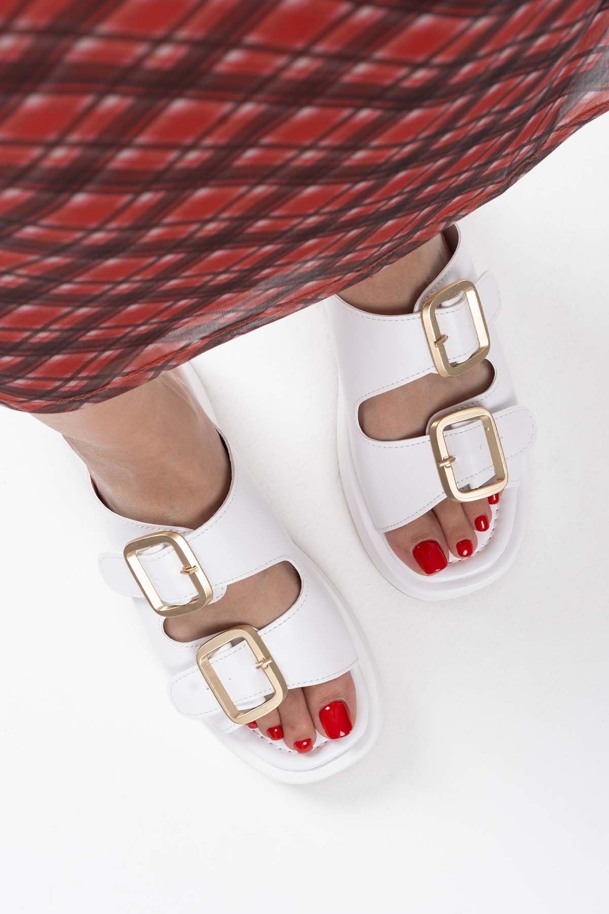 Nare Premium White Buckled Slippers