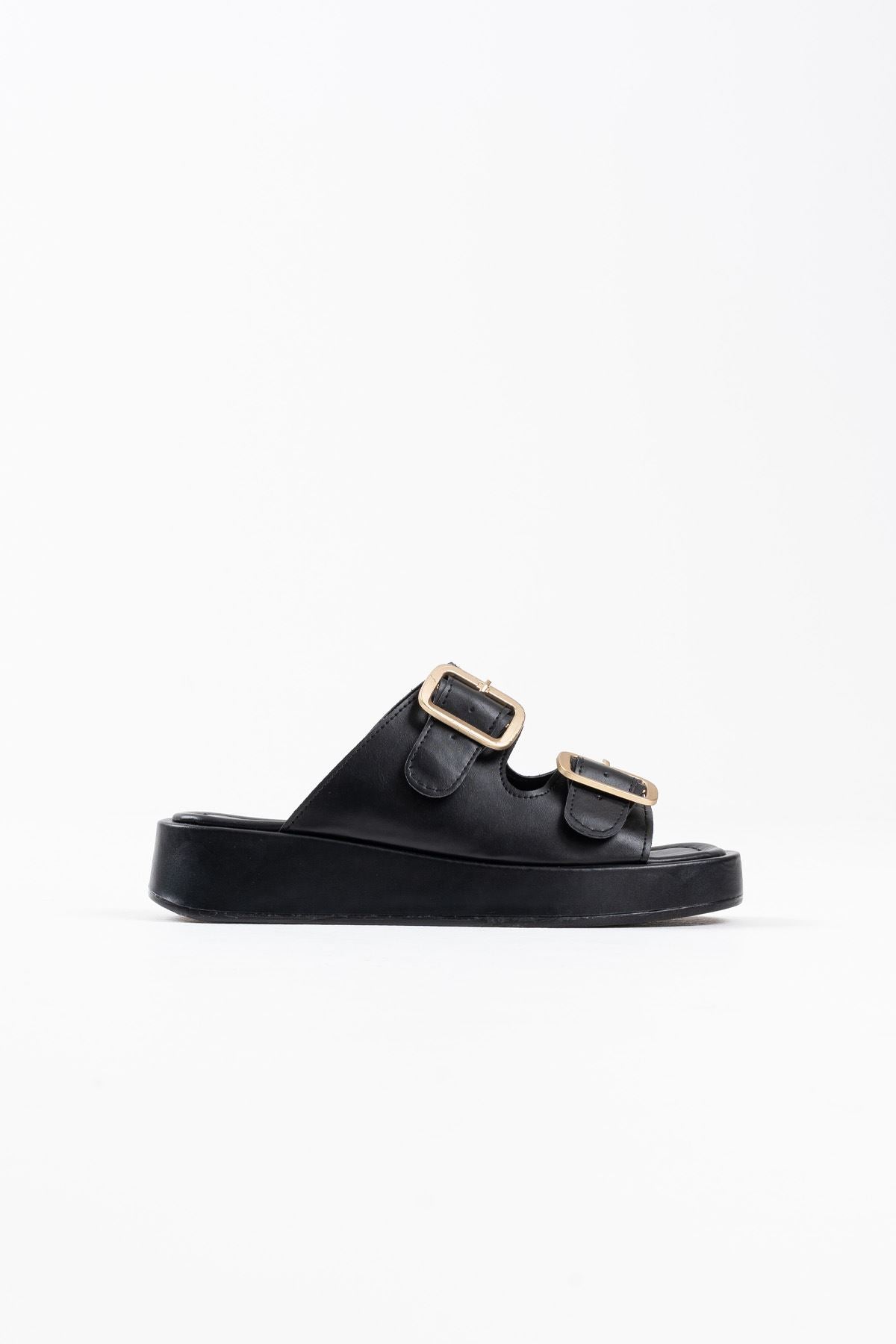 Nare Premium Black Buckled Slippers