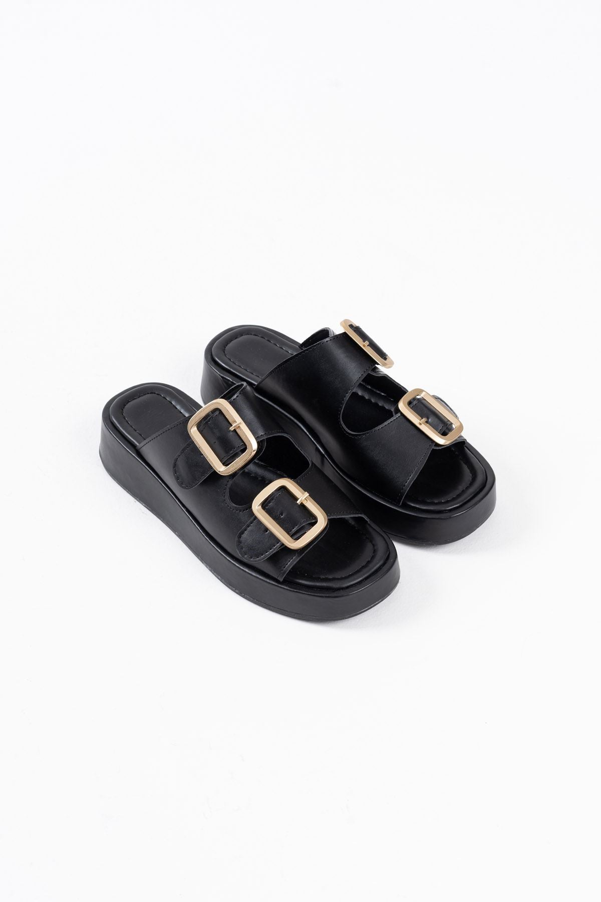 Nare Premium Black Buckled Slippers