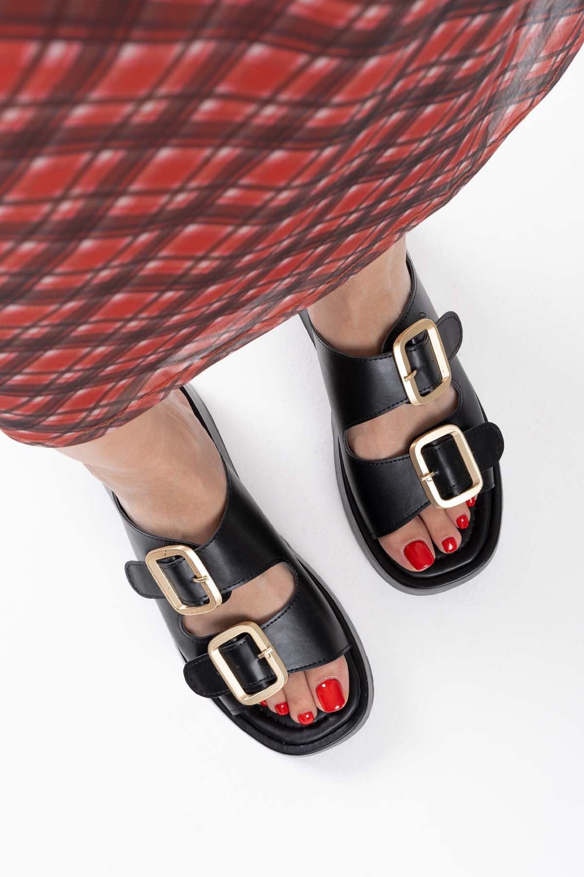 Nare Premium Black Buckled Slippers