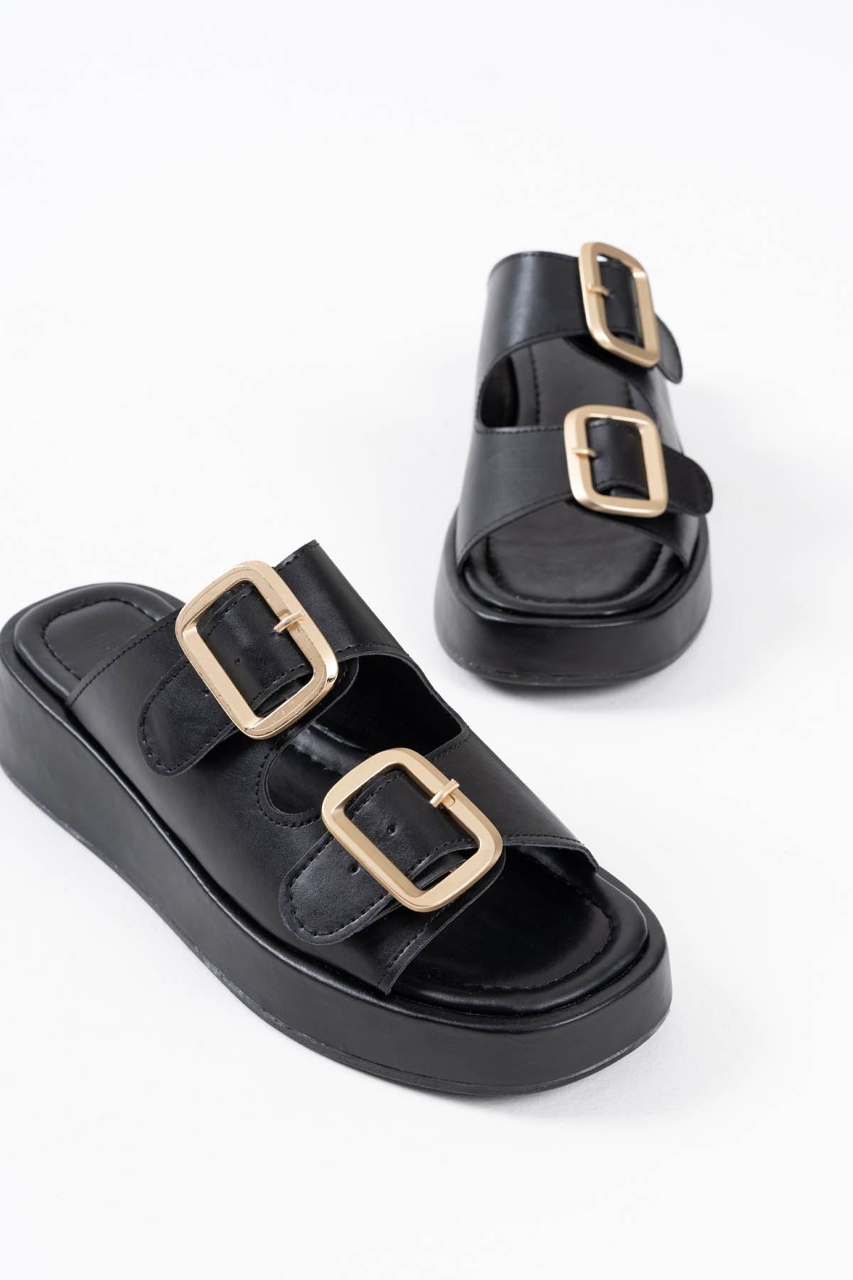 Nare Premium Black Buckled Slippers