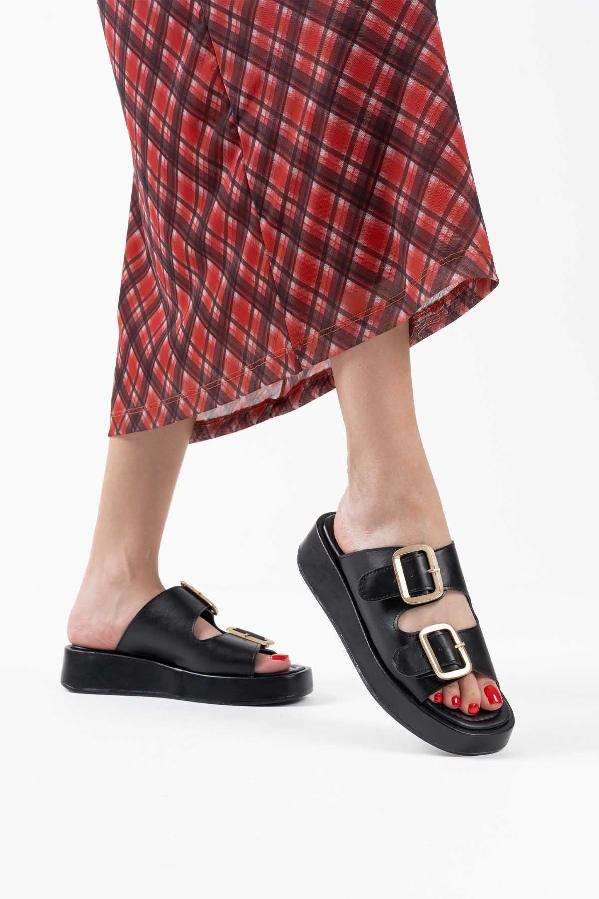 Nare Premium Black Buckled Slippers