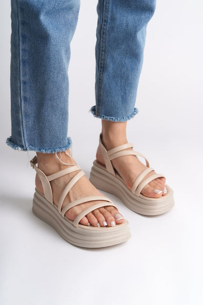 NATALE Thin Buckled Ribbon Detailed Orthopedic Women's Sandals - Cream