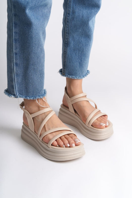 NATALE Thin Buckled Ribbon Detailed Orthopedic Women's Sandals - Cream