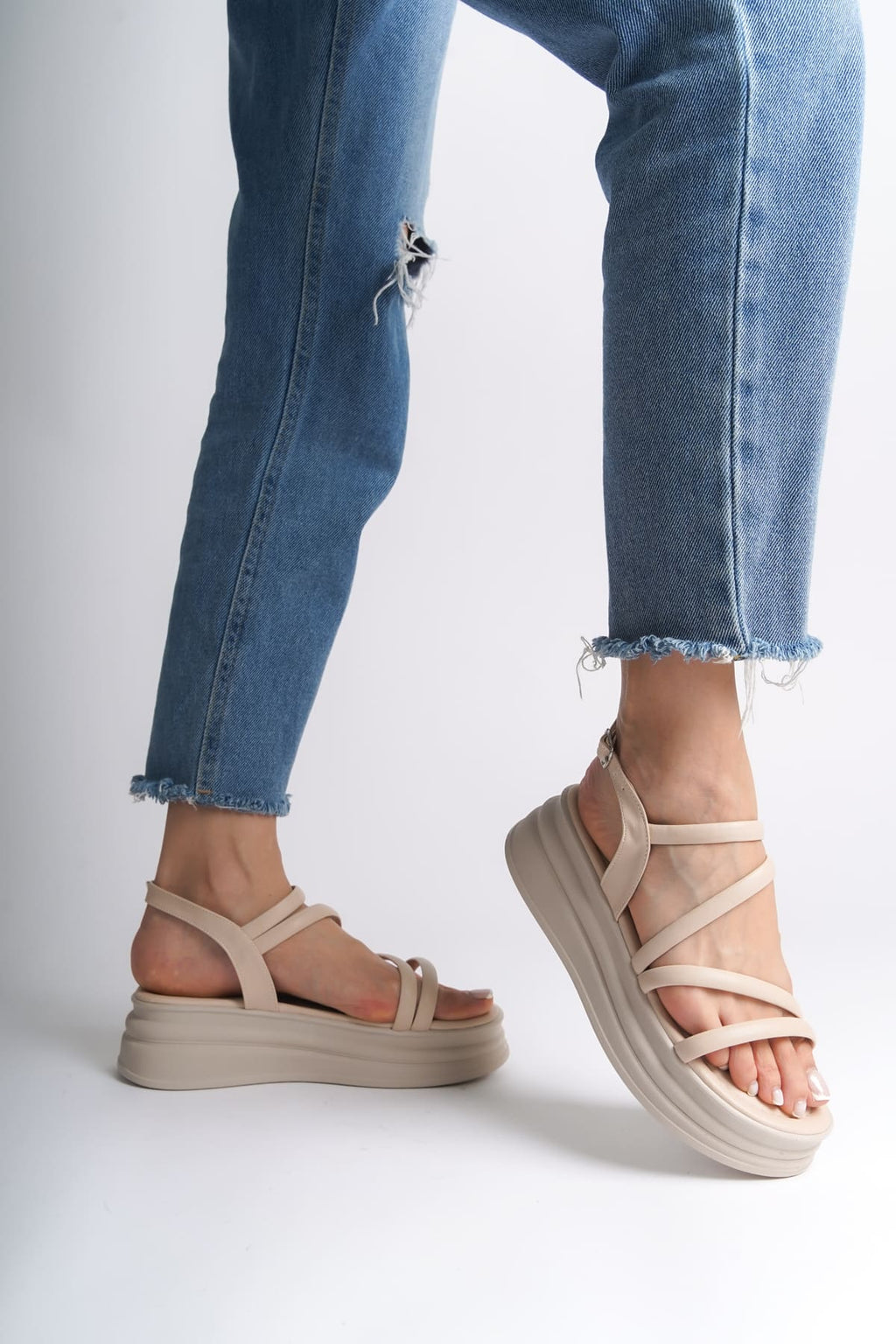 NATALE Thin Buckled Ribbon Detailed Orthopedic Women's Sandals - Cream