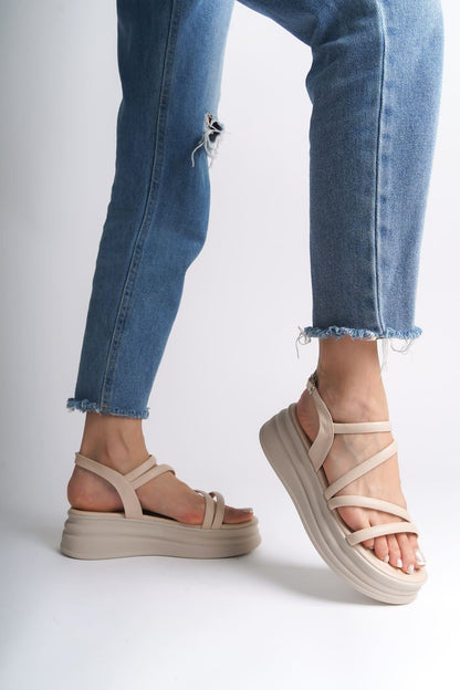 NATALE Thin Buckled Ribbon Detailed Orthopedic Women's Sandals - Cream