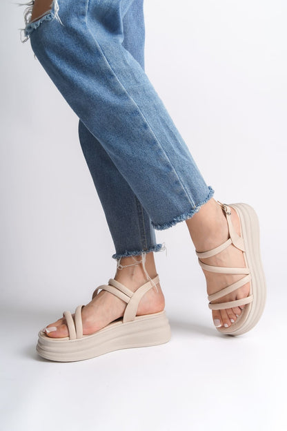 NATALE Thin Buckled Ribbon Detailed Orthopedic Women's Sandals - Cream