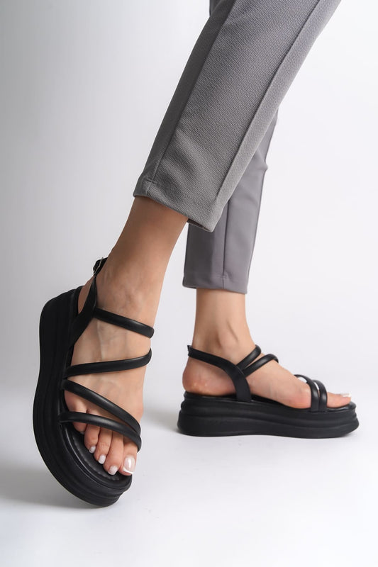 NATALE Thin Buckled Ribbon Detailed Orthopedic Women's Sandals - Black