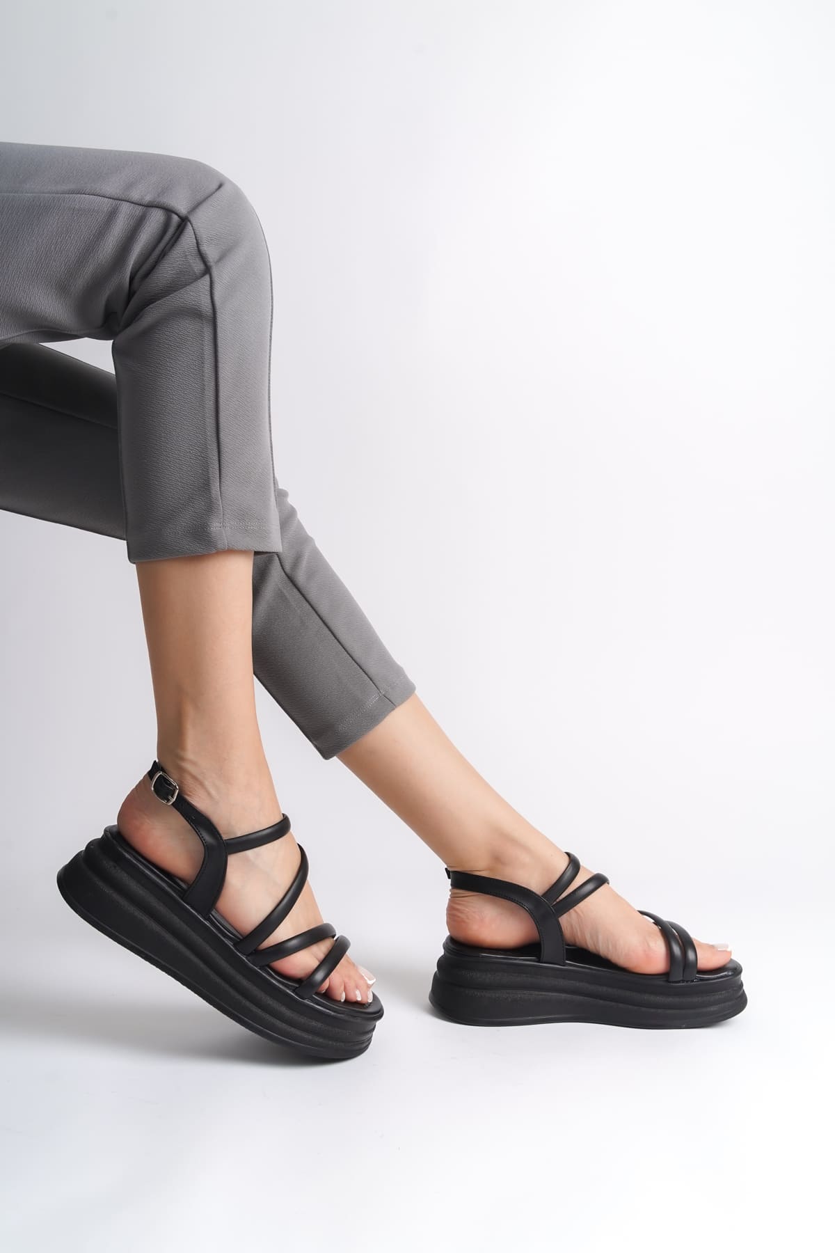 NATALE Thin Buckled Ribbon Detailed Orthopedic Women's Sandals - Black