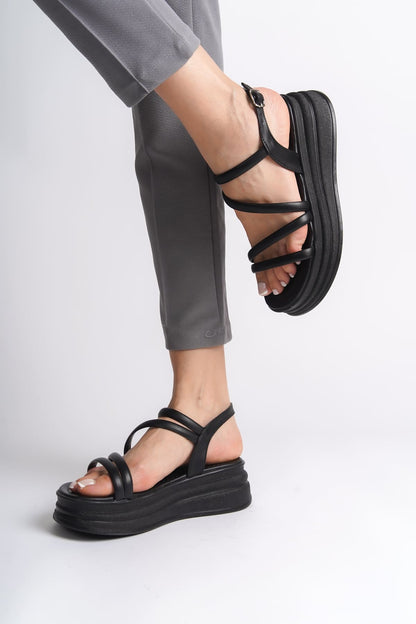 NATALE Thin Buckled Ribbon Detailed Orthopedic Women's Sandals - Black