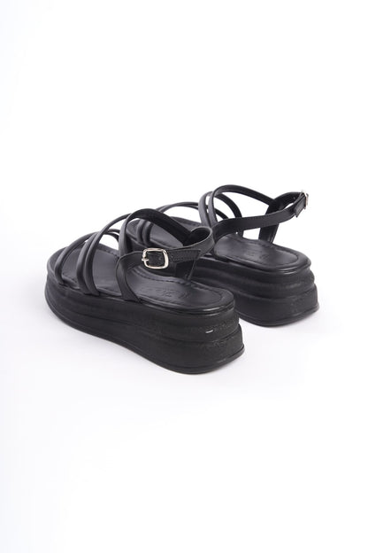 NATALE Thin Buckled Ribbon Detailed Orthopedic Women's Sandals - Black