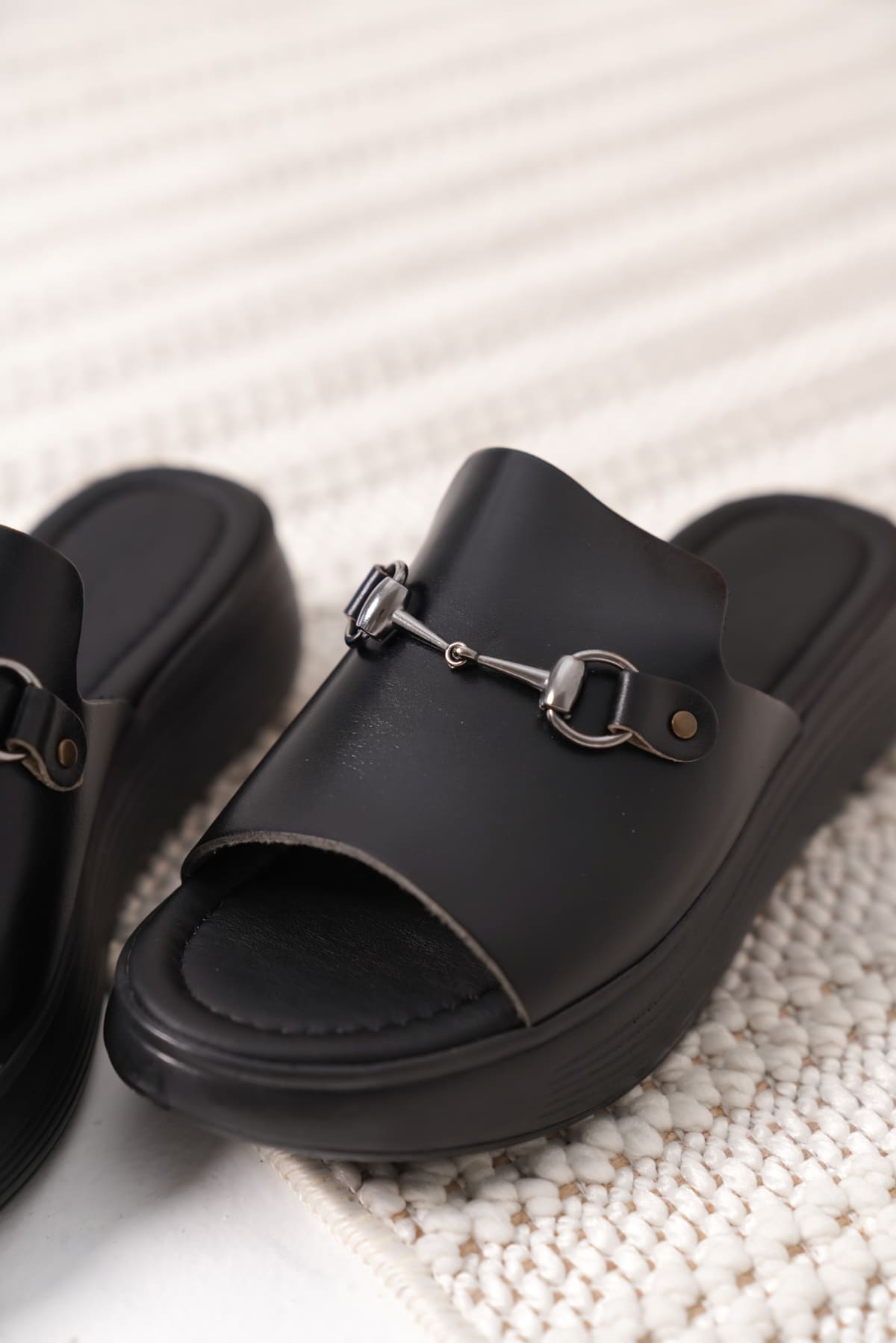 Nelly Premium Black Genuine Leather Slippers