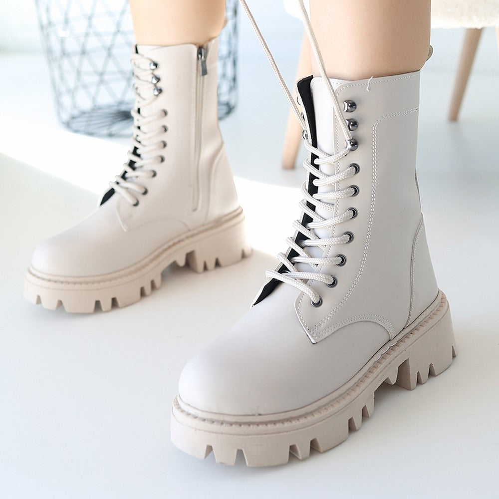 Neole Beige Lace-Up Zippered Women's Boots
