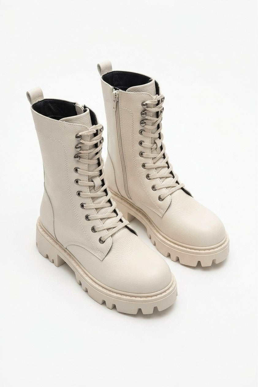 Neole Beige Lace-Up Zippered Women's Boots