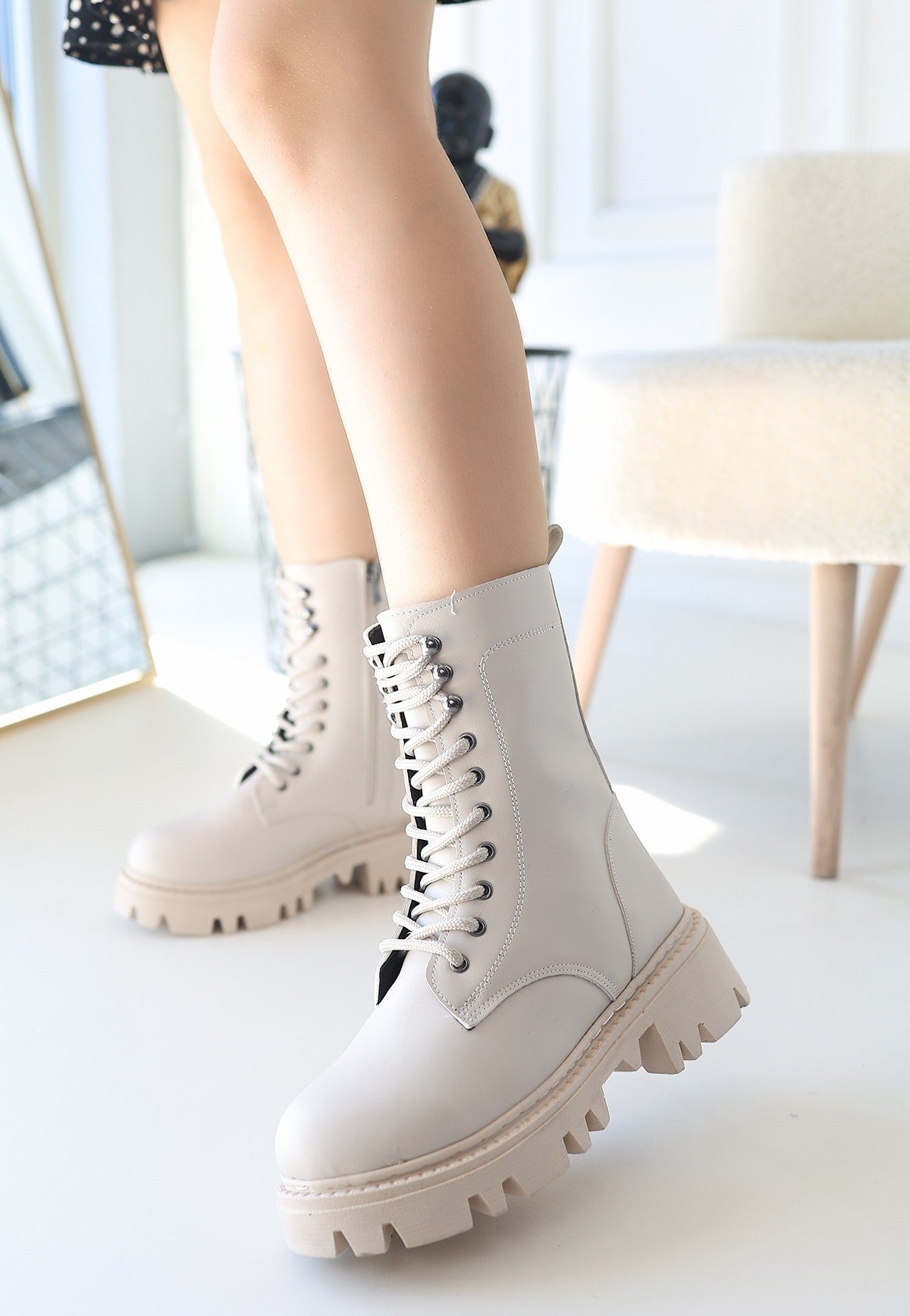 Neole Beige Lace-Up Zippered Women's Boots