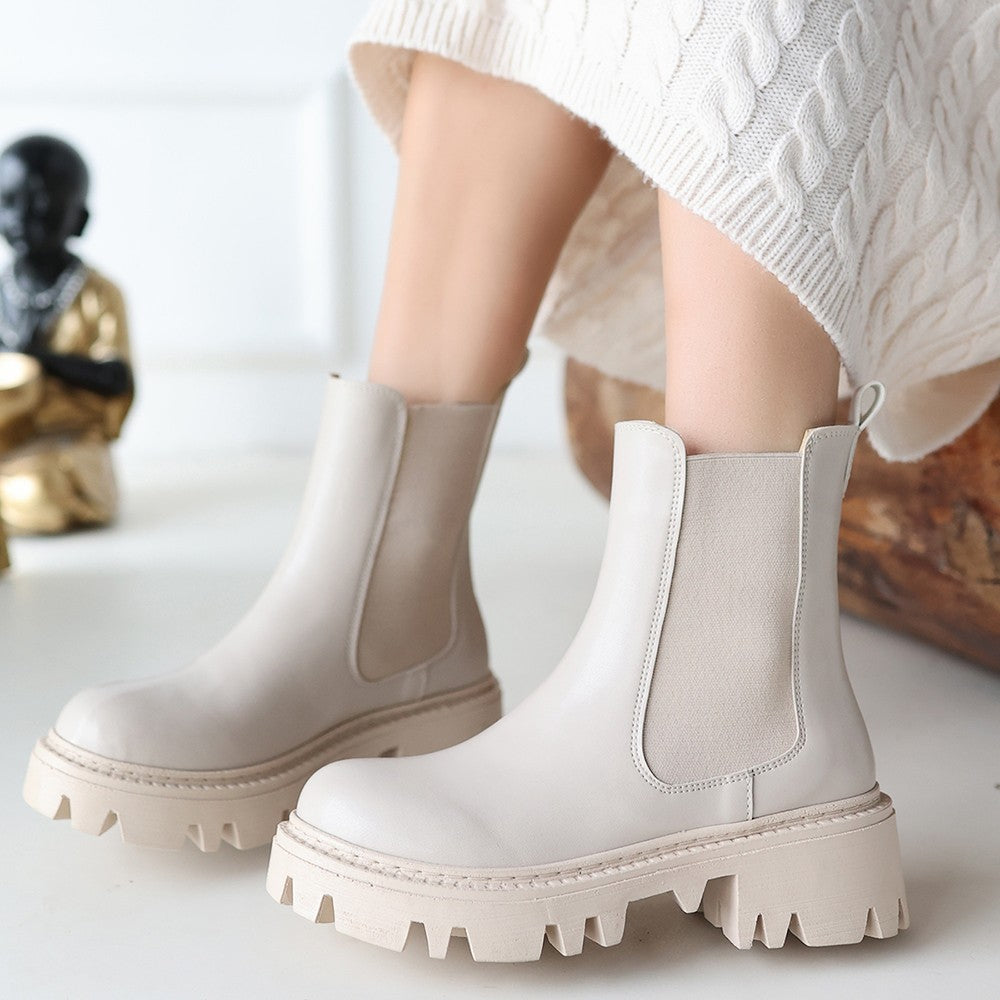 Ninle Beige Thick Heel Laceless Boots
