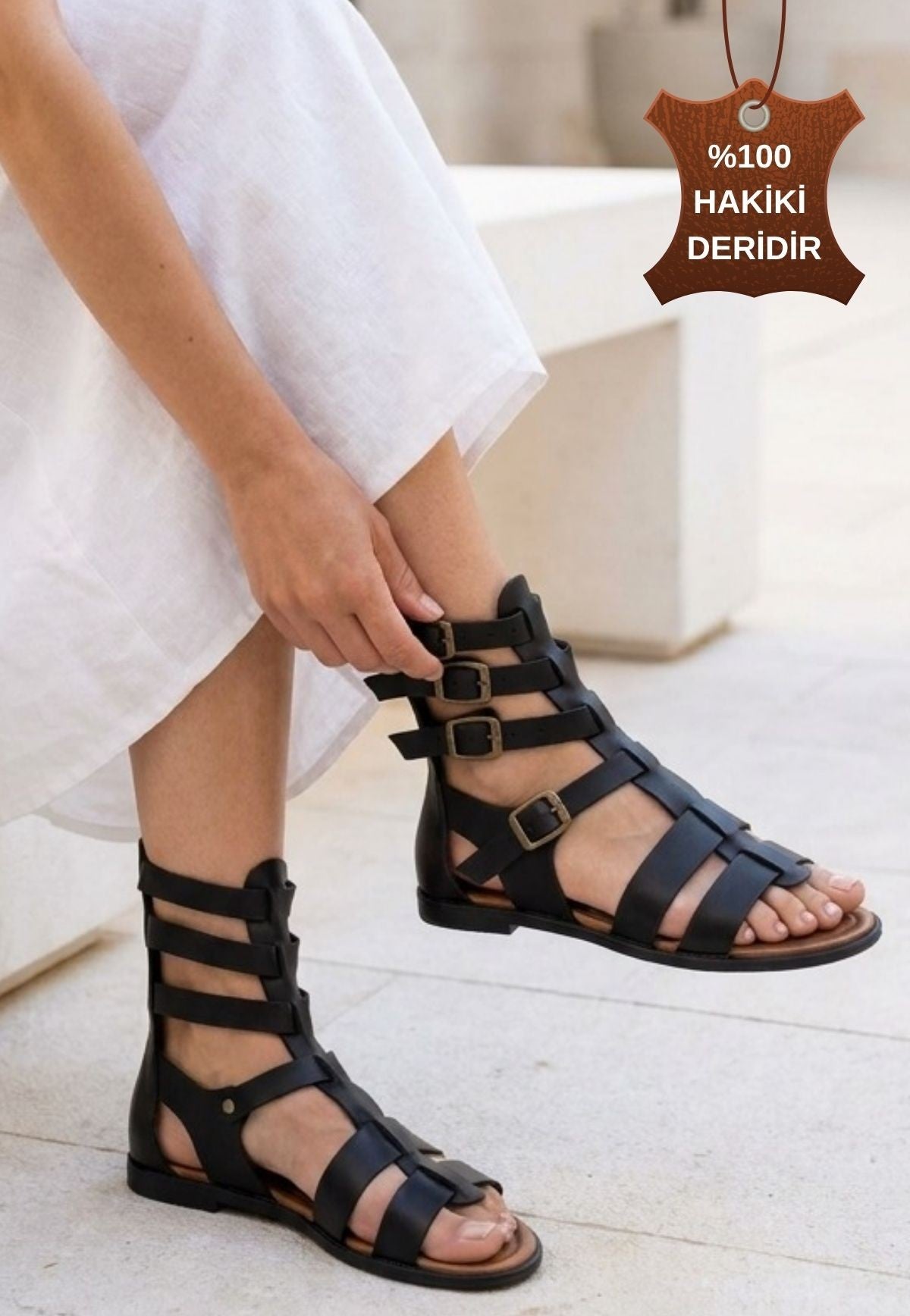 Nola Gladyatör Model Siyah Hakiki Deri Kemerli Sandalet
