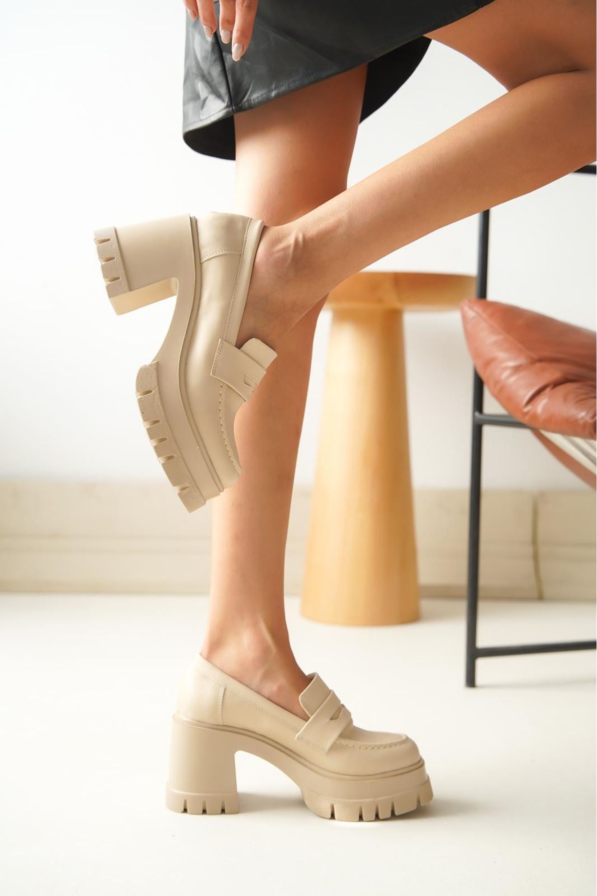 ZRİN-506 Premium Bej Günlük Yüksek Topuklu Platform Kadın Loafer