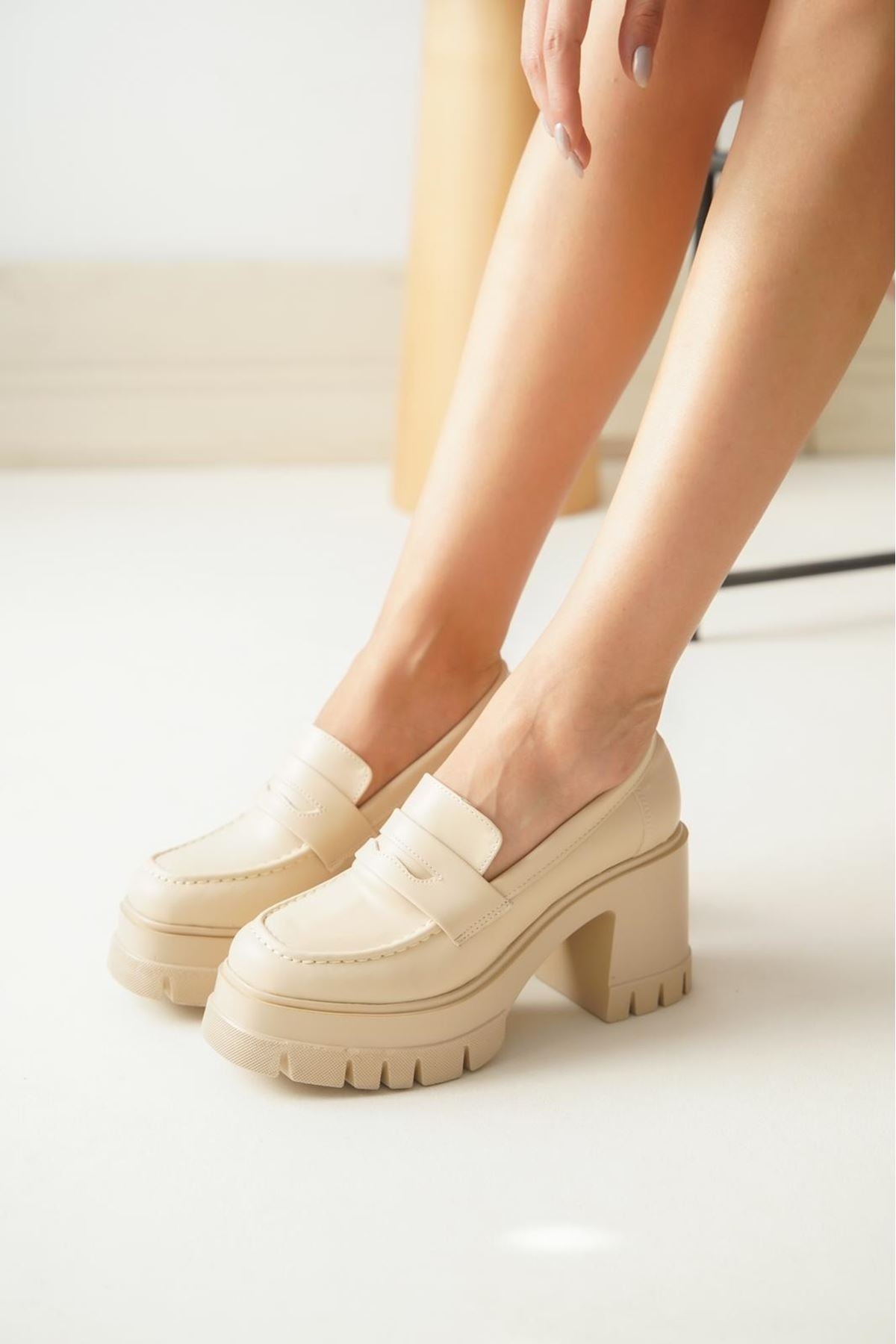 ZRİN-506 Premium Bej Günlük Yüksek Topuklu Platform Kadın Loafer