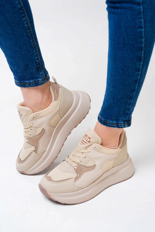 NZS Premium Knit Detailed Lace-Up Women's Beige Sneakers