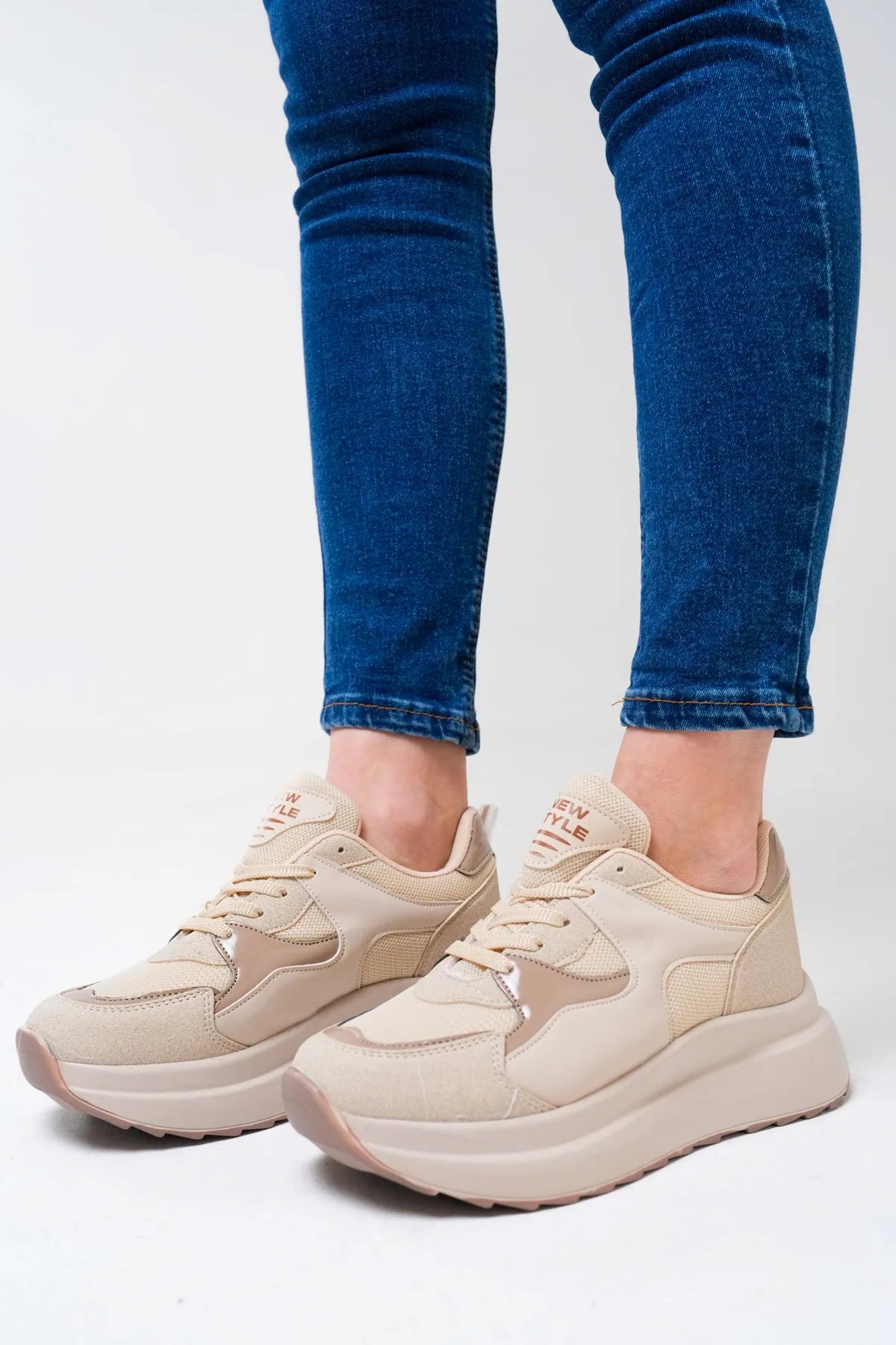 NZS Premium Knit Detailed Lace-Up Women's Beige Sneakers