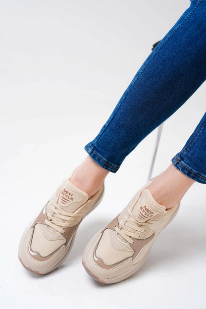 NZS Premium Knit Detailed Lace-Up Women's Beige Sneakers