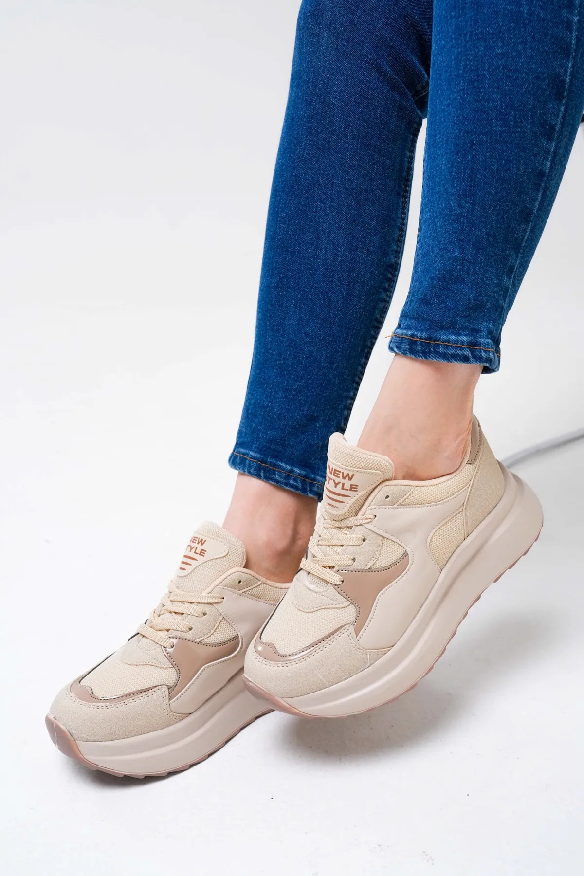 NZS Premium Knit Detailed Lace-Up Women's Beige Sneakers
