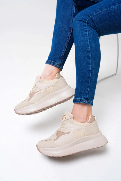 NZS Premium Knit Detailed Lace-Up Women's Beige Sneakers