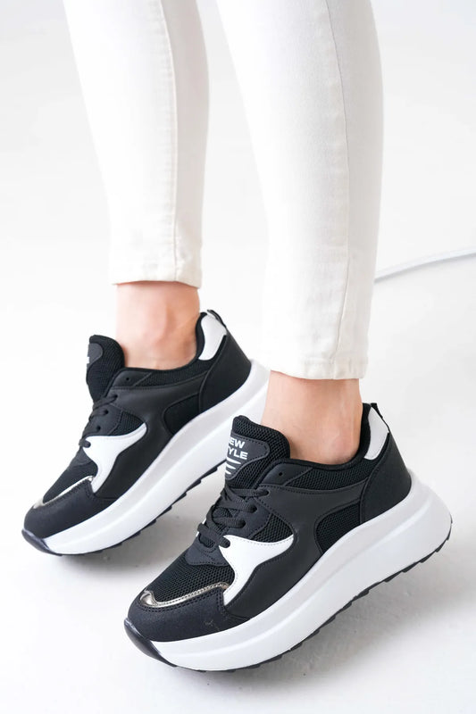 NZS Premium Knit Detailed Lace-Up Women's Black and White Sneakers