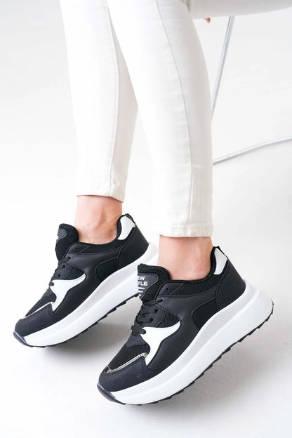 NZS Premium Knit Detailed Lace-Up Women's Black and White Sneakers