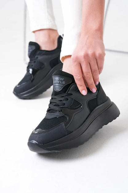 NZS Premium Knit Detailed Lace-Up Women's Black Sneakers