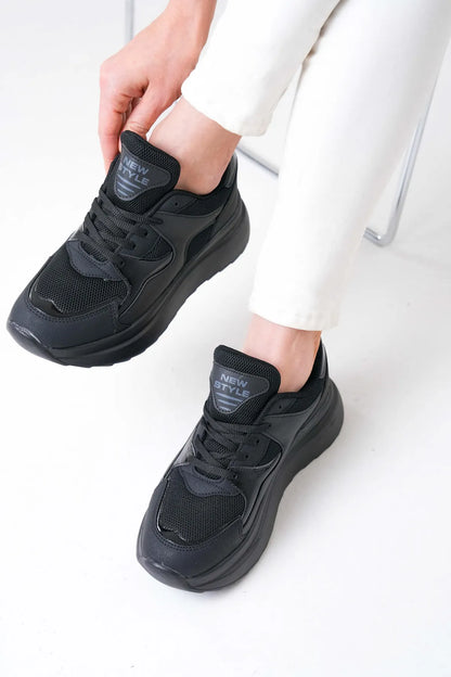 NZS Premium Knit Detailed Lace-Up Women's Black Sneakers