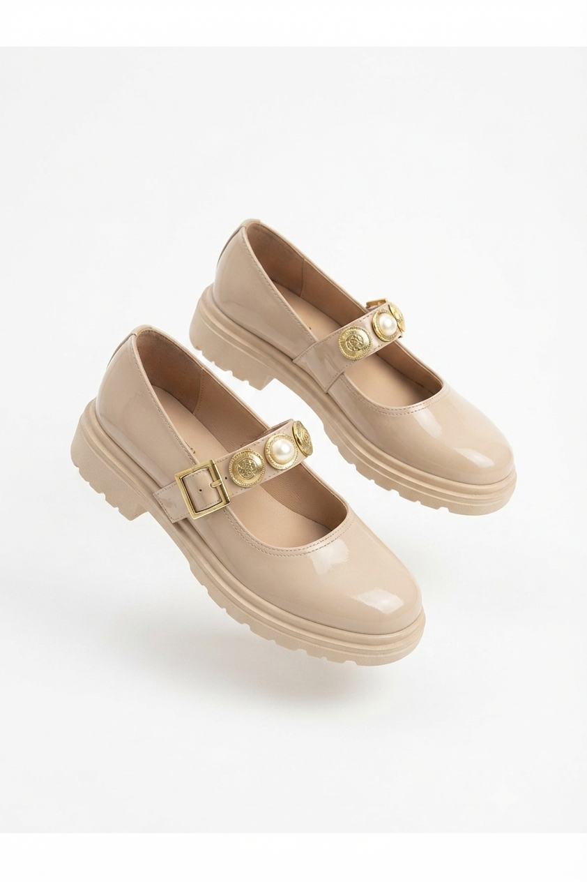 Okira Premium Beige Patent Leather Oxford Ballerina Shoes
