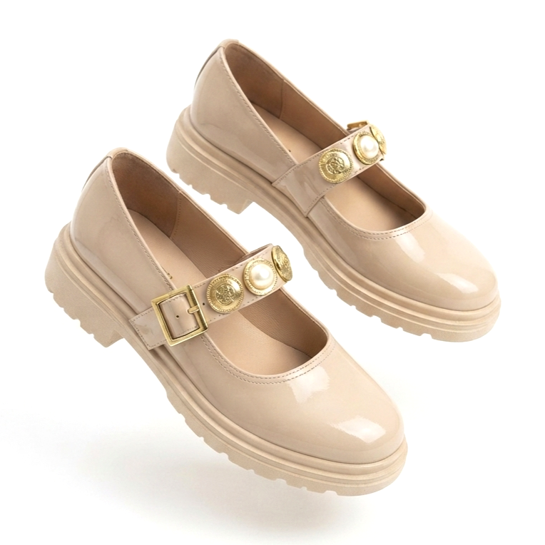Okira Premium Beige Patent Leather Oxford Ballerina Shoes