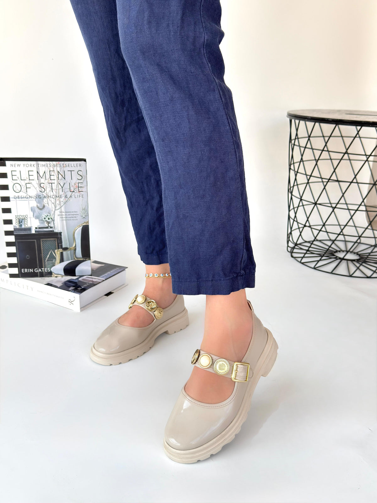 Okira Premium Beige Patent Leather Oxford Ballerina Shoes