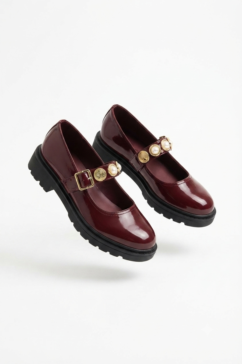 Okira Premium Burgundy Patent Leather Oxford Ballerina Shoes