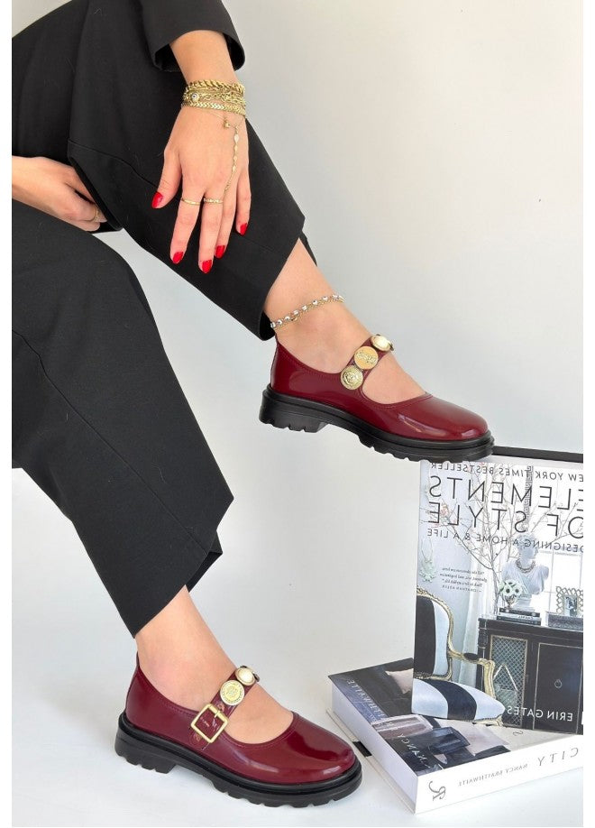 Okira Premium Burgundy Patent Leather Oxford Ballerina Shoes
