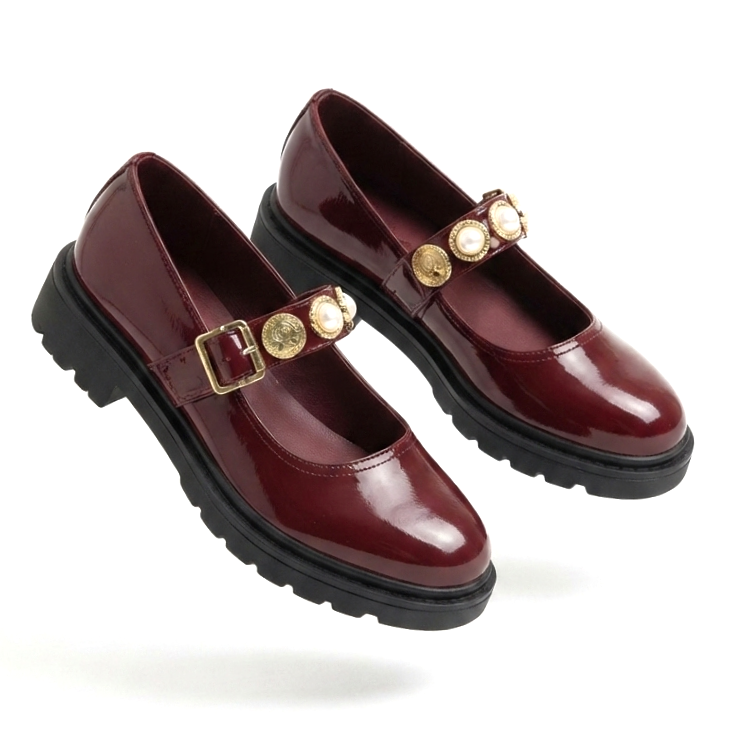 Okira Premium Burgundy Patent Leather Oxford Ballerina Shoes