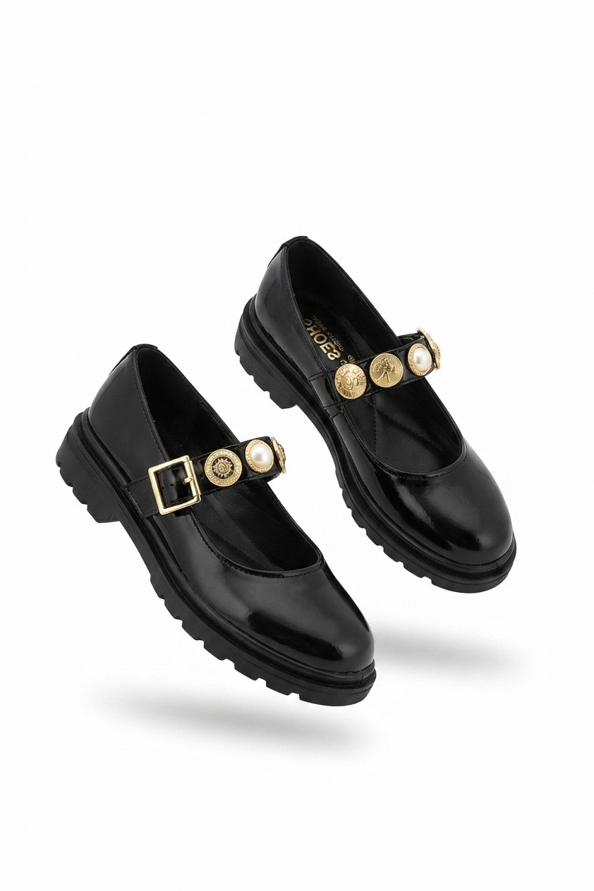 Okira Premium Black Patent Leather Oxford Ballerina Shoes