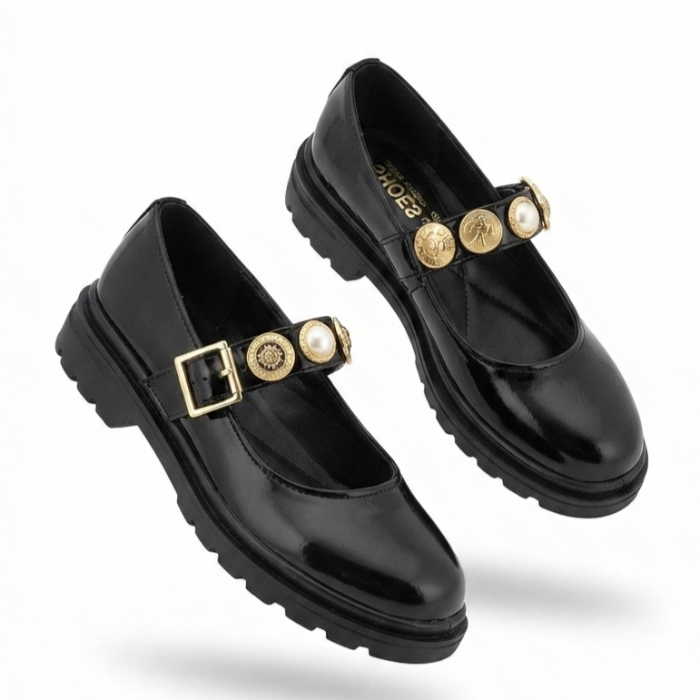 Okira Premium Black Patent Leather Oxford Ballerina Shoes
