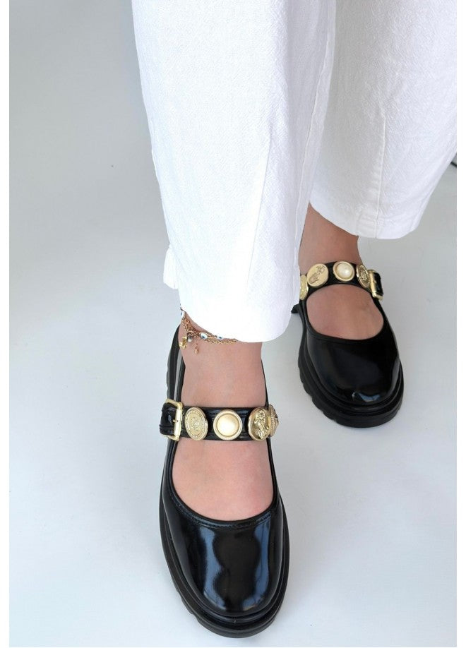 Okira Premium Black Patent Leather Oxford Ballerina Shoes