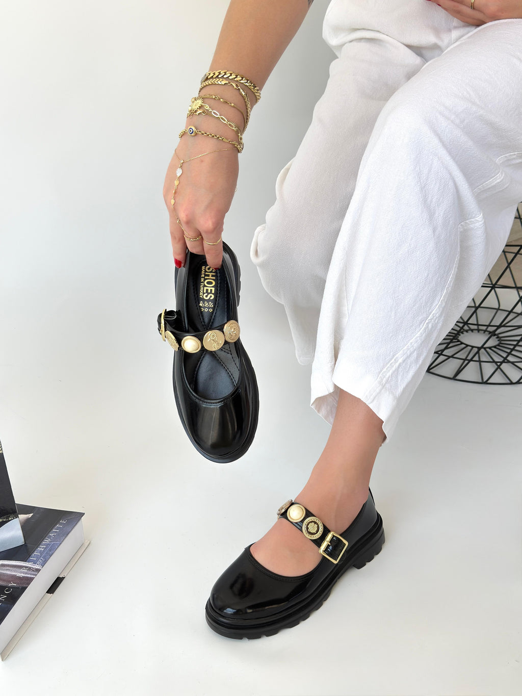 Okira Premium Black Patent Leather Oxford Ballerina Shoes