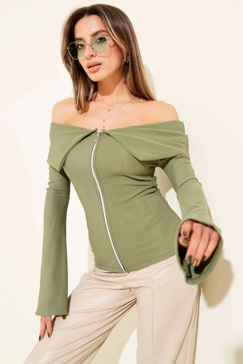 Omzu Açık Fermuarlı Bluz Haki