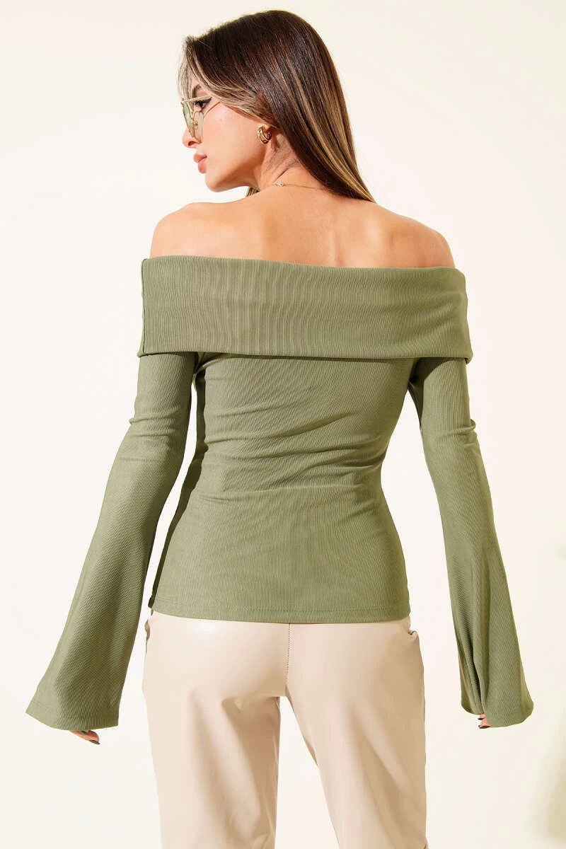 Omzu Açık Fermuarlı Bluz Haki