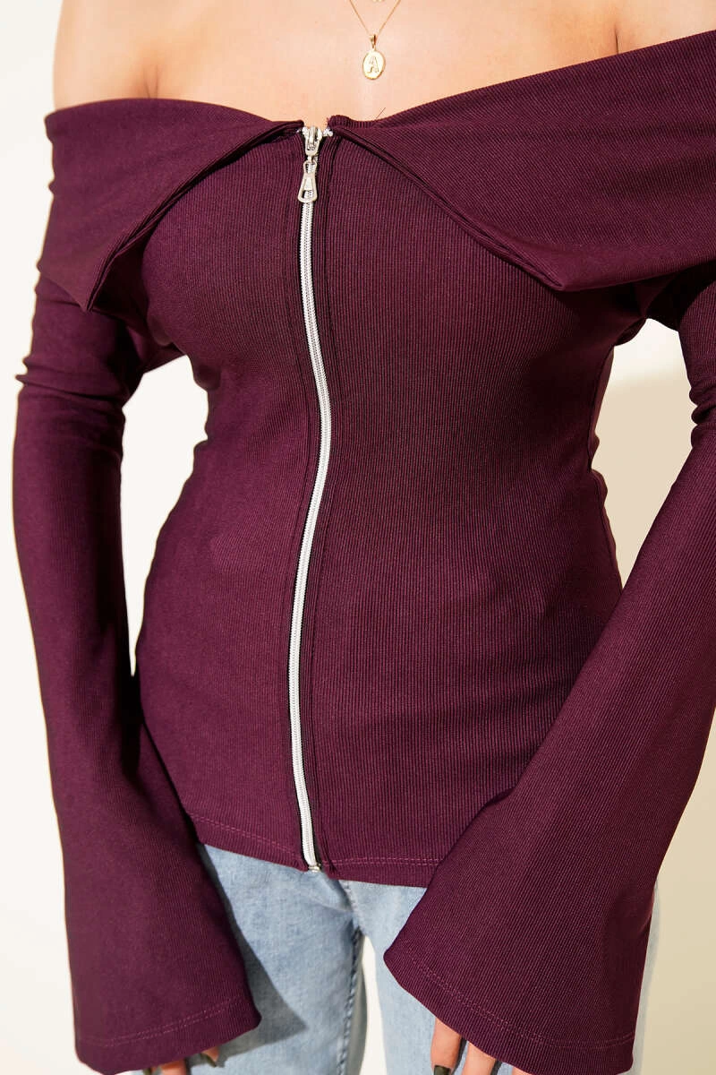 Omzu Açık Fermuarlı Bluz Mürdüm