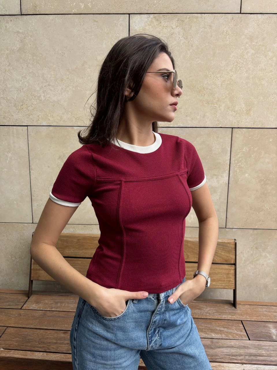 Front Piece Camisole Woven Cotton Fabric Women's Burgundy Blouse